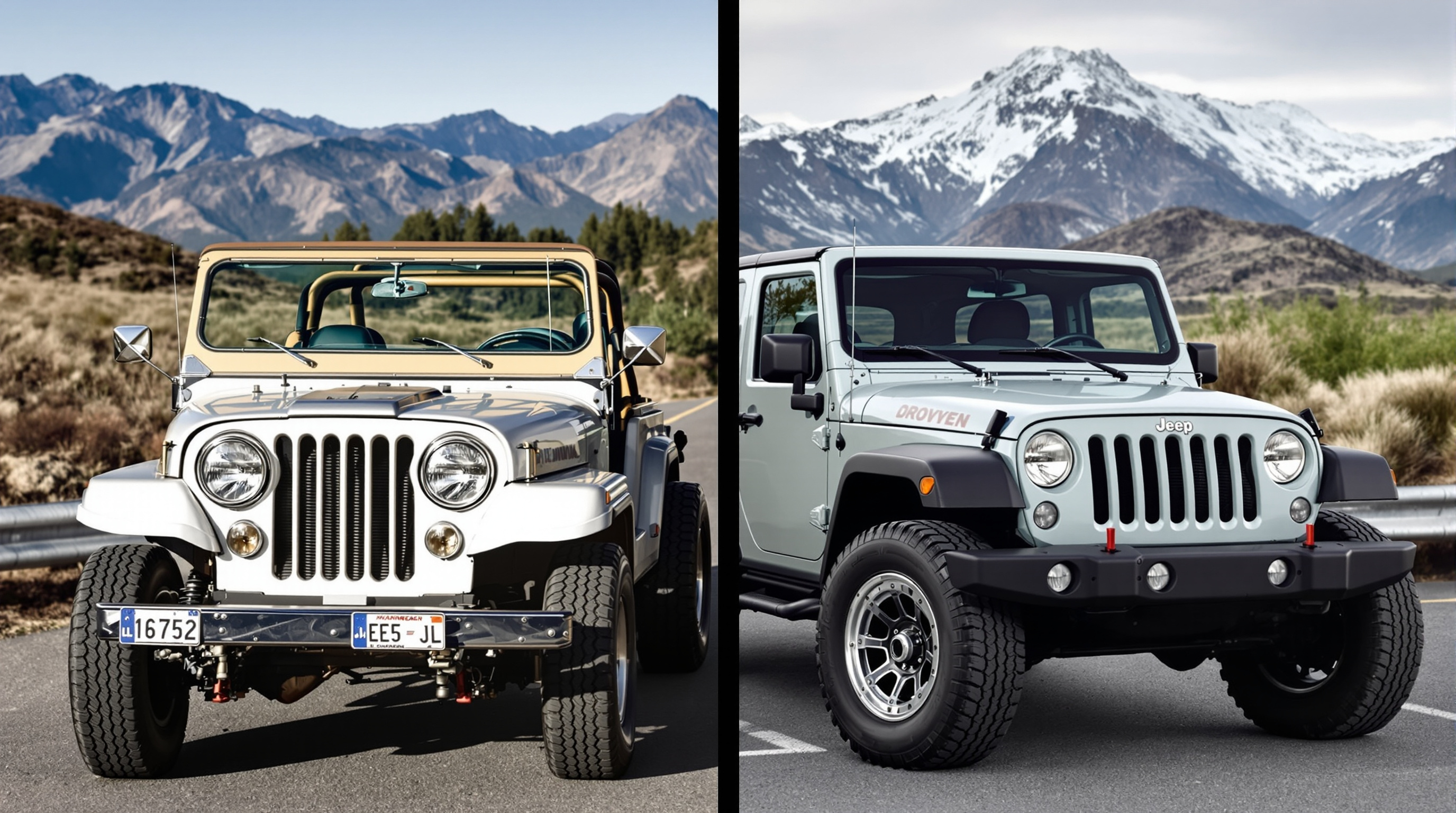 Classic CJ-5 Jeep next to modern Wrangler showing evolution